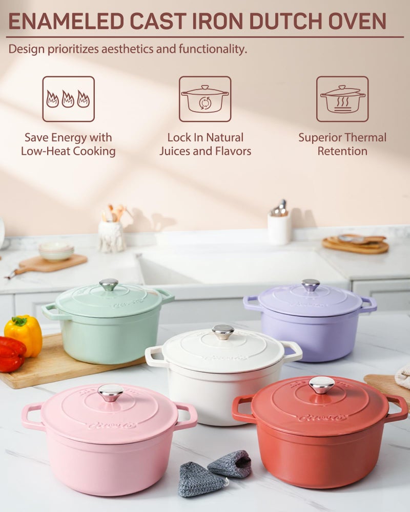 Ciwete 6 QT Dutch Oven Pot with Lid, Enameled Cast Iron Dutch Oven for Bread Making, Braiser, Cooking, Dual Handles, Oven Safe up to 500Â° F or on Stovetop, Gifts for Family - Pink - Image 4