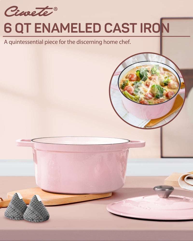 Ciwete 6 QT Dutch Oven Pot with Lid, Enameled Cast Iron Dutch Oven for Bread Making, Braiser, Cooking, Dual Handles, Oven Safe up to 500Â° F or on Stovetop, Gifts for Family - Pink - Image 2