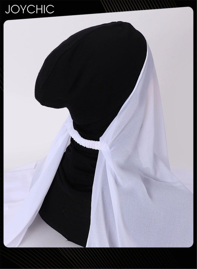 Joychic Solid Color Women Muslim Headwear Wearable Traditional Wear Long Fashion Pearl Chiffon Adjustable Head Scarf for Ladies All Seasons Hijab White One Size - Image 3