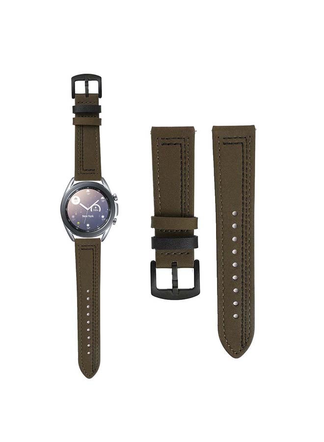 Perfii Stitch Lines Genuine Leather Replacement Band For Samsung Galaxy Watch3 41mm Army Green - Image 1