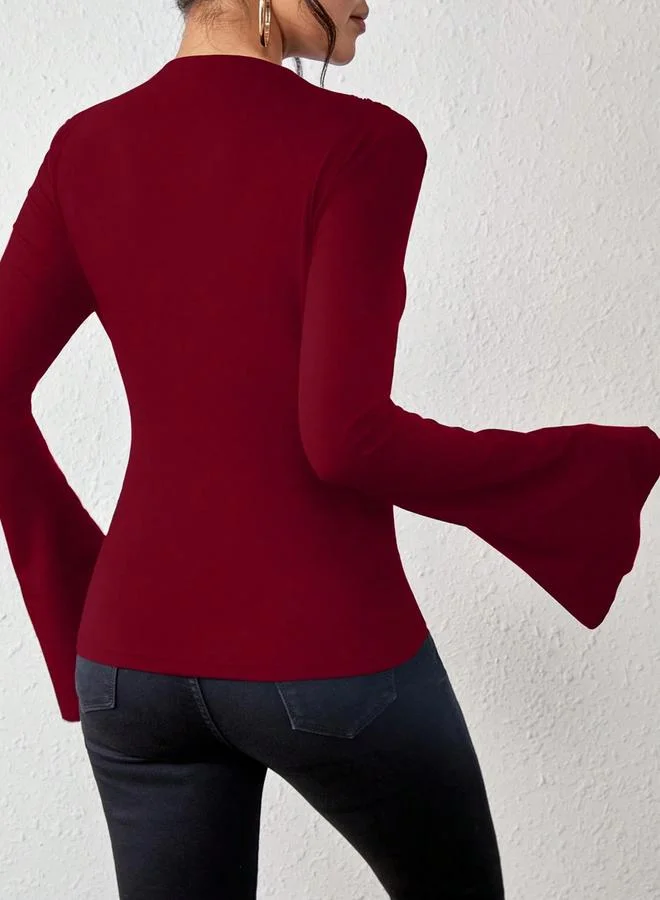 Take Two Burgundy Gathered Mock Neck Bell Sleeve Top