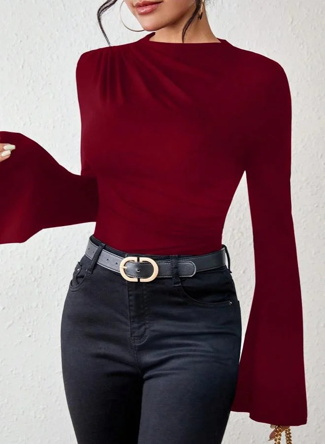 Take Two Burgundy Gathered Mock Neck Bell Sleeve Top