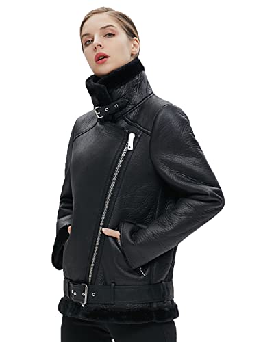 LY VAREY LIN Women's Faux Shearing Moto Jacket Thick Lined Parka Winter Shearling Coat Leather Jacket (S, Black) - Image 2