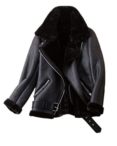 LY VAREY LIN Women's Faux Shearing Moto Jacket Thick Lined Parka Winter Shearling Coat Leather Jacket (S, Black) - Image 1