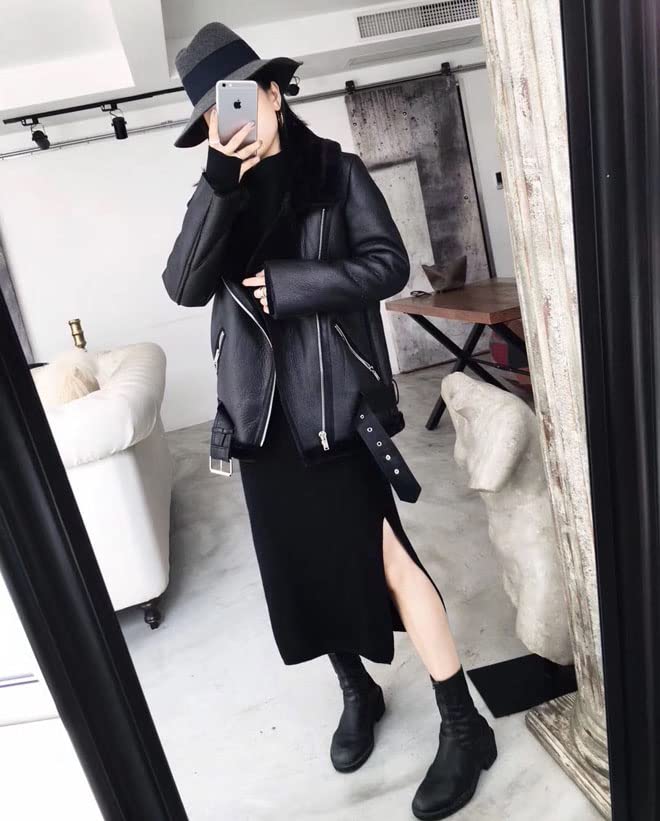 LY VAREY LIN Women's Faux Shearing Moto Jacket Thick Lined Parka Winter Shearling Coat Leather Jacket (S, Black) - Image 3