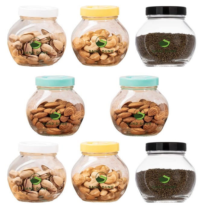 SET OF 8 200 ML EACH STORAGE GLASS JAR ASSORTED PLASTIC CAP TRANSPARENT BPA FREE AACHAR PICKLE DRY FRUITS MASALA SPICES AND DALS