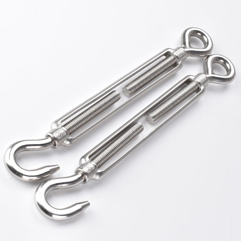 Alele M12 Turnbuckle,2 Pack Thread Stainless Steel Hook & Eye, Stainless Steel 304 Turnbuckle Heavy Duty Wire Rope Tension (M12 Turnbuckle) - Image 1