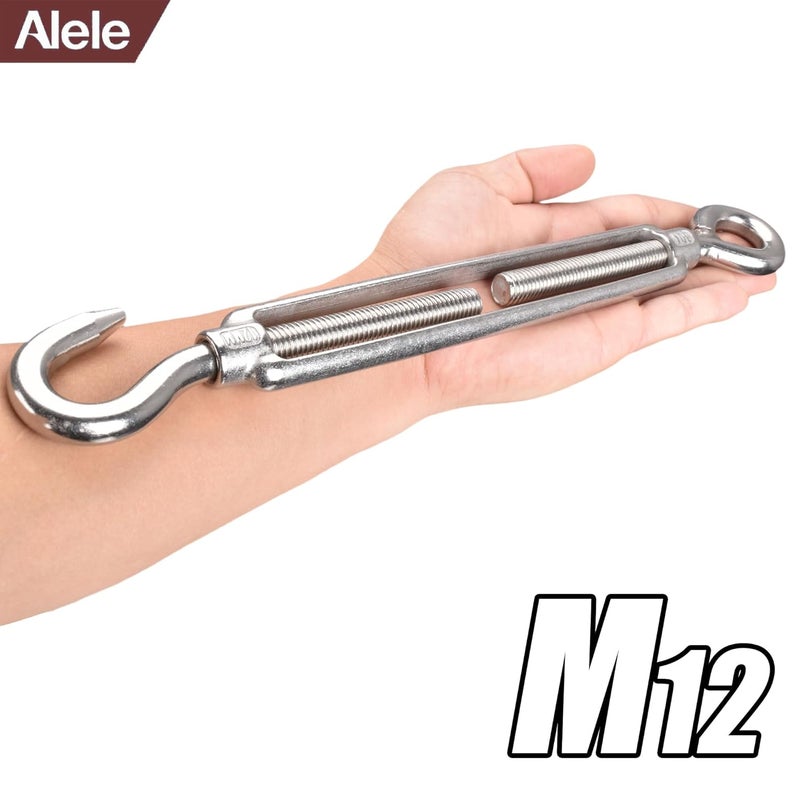 Alele M12 Turnbuckle,2 Pack Thread Stainless Steel Hook & Eye, Stainless Steel 304 Turnbuckle Heavy Duty Wire Rope Tension (M12 Turnbuckle) - Image 2