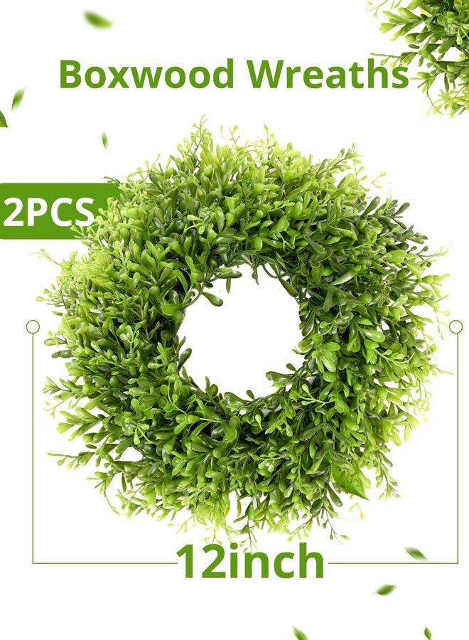Vlorart 12 Inch Artificial Boxwood Wreath for Front Doors, 2 Packs Green Leaves Small Wreath, Spring Summer Wreaths for Indoor Outdoor - Image 3