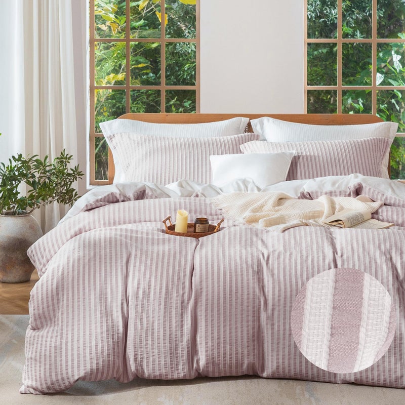 MILDLY Boho Duvet Cover Set - 100% Washed Cotton Pale Pink Jacquard Stripe Textured Comforter Cover with Zipper Closure 90"x90" - Image 1