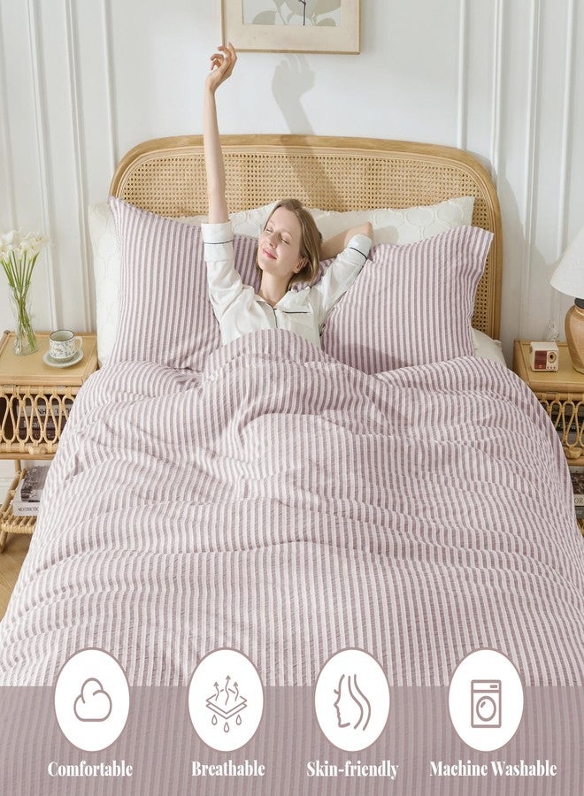 MILDLY Boho Duvet Cover Set - 100% Washed Cotton Pale Pink Jacquard Stripe Textured Comforter Cover with Zipper Closure 90"x90" - Image 2