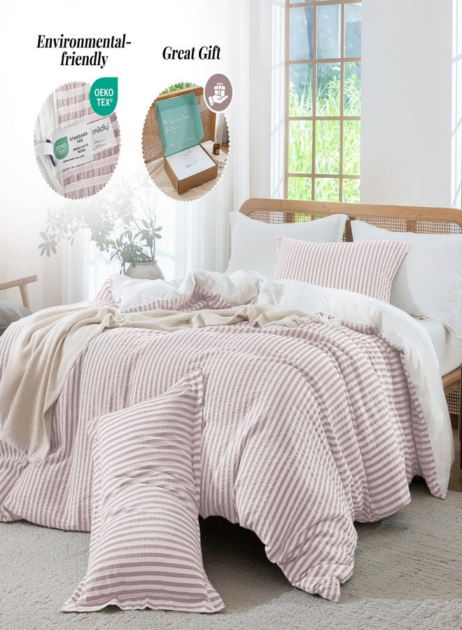 MILDLY Boho Duvet Cover Set - 100% Washed Cotton Pale Pink Jacquard Stripe Textured Comforter Cover with Zipper Closure 90"x90" - Image 3