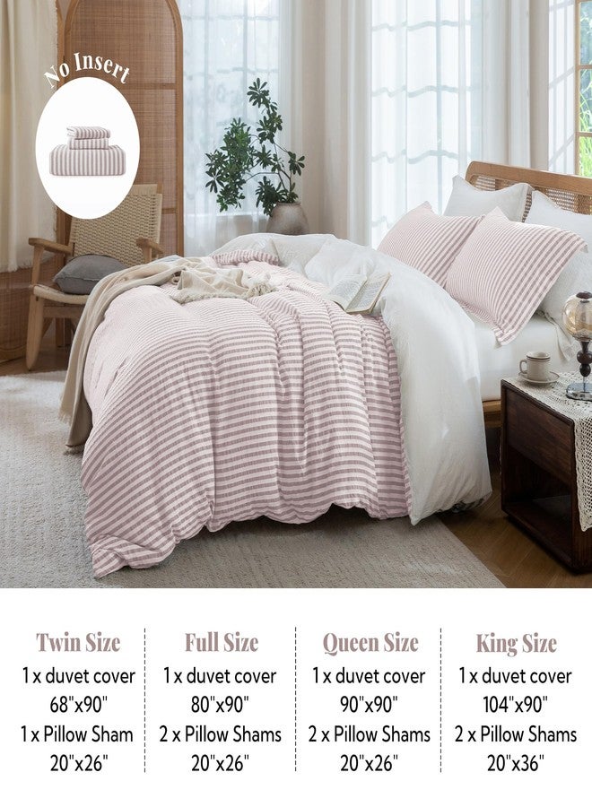 MILDLY Boho Duvet Cover Set - 100% Washed Cotton Pale Pink Jacquard Stripe Textured Comforter Cover with Zipper Closure 90"x90" - Image 5