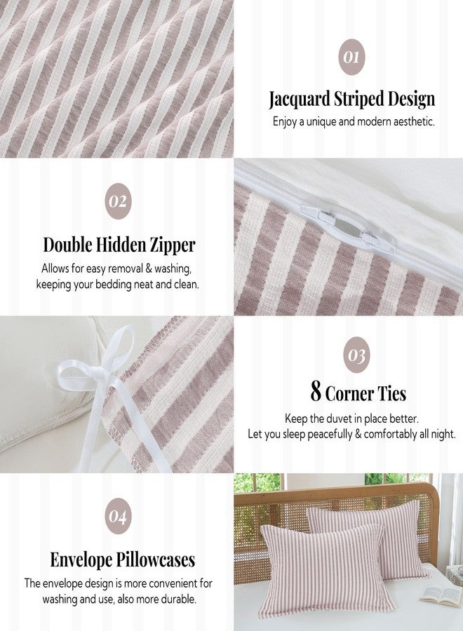 MILDLY Boho Duvet Cover Set - 100% Washed Cotton Pale Pink Jacquard Stripe Textured Comforter Cover with Zipper Closure 90"x90" - Image 4