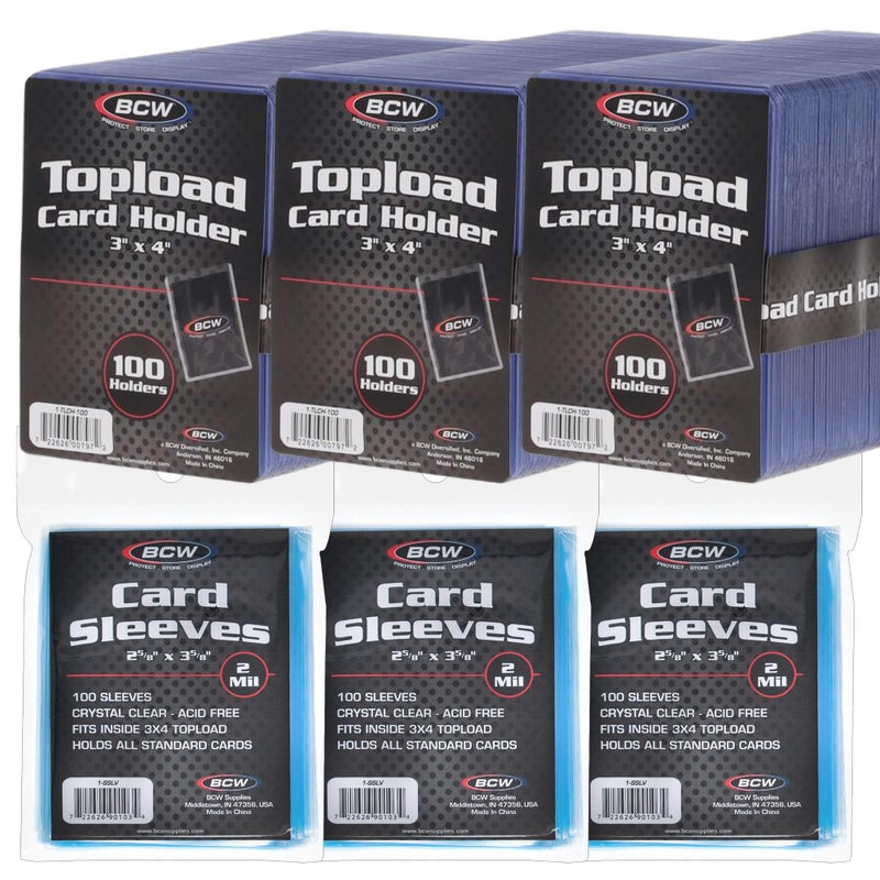 BCW 300 Count Card Sleeve and Toploader Combo Pack | Premium Rigid PVC Toploaders and Acid-Free Polypropylene Penny Sleeves | Great for Football  Baseball  Magic The Gathering  Pokemon  etc - Image 1