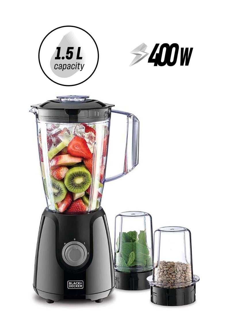BLACK+DECKER Blender with Grinder Mills, 1.5L Jar, 2x 300ml Grinding Mills, Stainless Steel Blades, 2-Speed with Pulse Control, Perfect for Smoothies, Coffee, Herbs, and Spices, 1.5 L 400 W BX440-B5 Black - Image 1