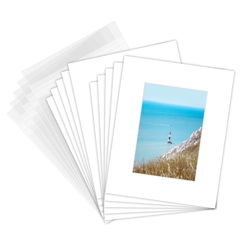 Golden State Art Golden State Art Pack of 25 White PreCut 8x10 Picture Mat for 5x7 Photo with White Core Bevel Cut Mattes Sets Includes 25 High Premier Acid Free Mats  25 Backing Board  25 Clear Bags 