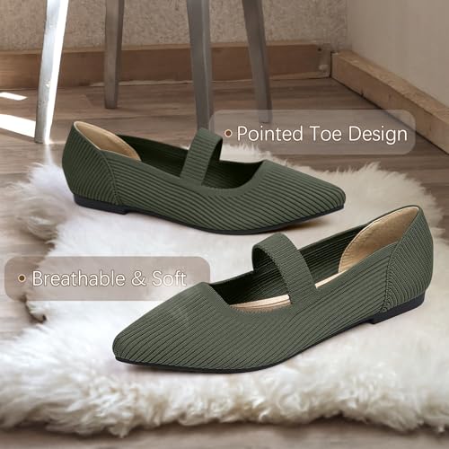 TINGRISE Women's Flats Shoes Pointed Toe Knit Washable Ballet Comfortable Dressy Mary Jane Flat Green US9 - Image 3