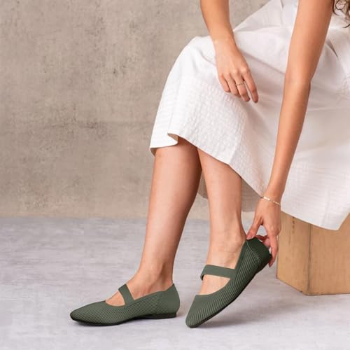 TINGRISE Women's Flats Shoes Pointed Toe Knit Washable Ballet Comfortable Dressy Mary Jane Flat Green US9 - Image 4