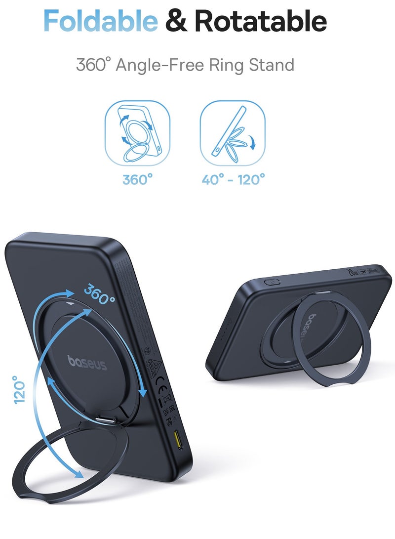 بيسوس بنك طاقة لاسلكي Qi2، بطارية فائقة النحافة بقوة 20 واط مع كابل USB C، شاحن لاسلكي مغناطيسي بقوة 15 واط لهواتف iPhone 16/15/14/13/12، شاحن محمول مع قاعدة حلقة دوارة بزاوية 360°، بنك طاقة للشحن السريع لهواتف iPhone وأجهزة MagSafe - Image 3