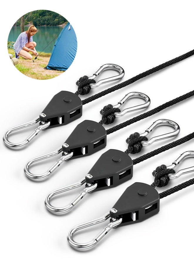 مجموعة من 4 أحزمة ربط متينة قابلة للسحب مزودة بآلية سقاطة، ونظام بكرات حبل مع خطاف كارابين، مناسبة لقوارب الكاياك/تعليق النباتات/إضاءة النمو/الخيام، استخدامات ربط متنوعة. - Image 1