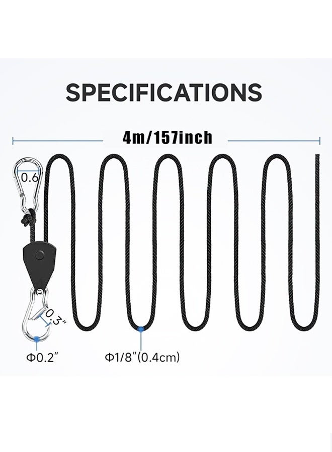 مجموعة من 4 أحزمة ربط متينة قابلة للسحب مزودة بآلية سقاطة، ونظام بكرات حبل مع خطاف كارابين، مناسبة لقوارب الكاياك/تعليق النباتات/إضاءة النمو/الخيام، استخدامات ربط متنوعة. - Image 2