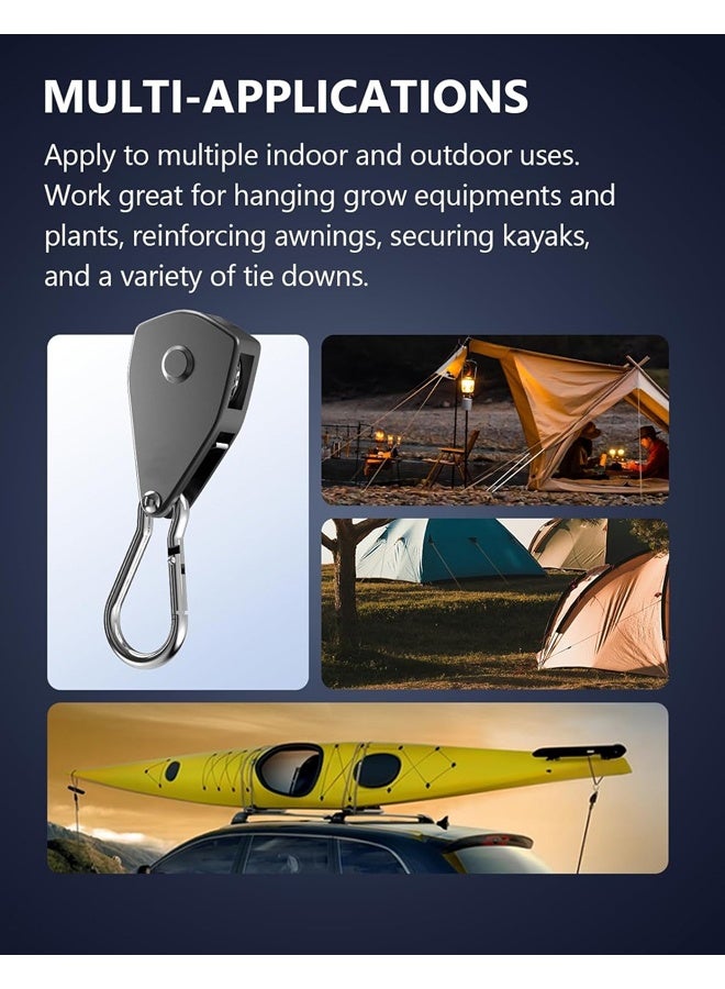 مجموعة من 4 أحزمة ربط متينة قابلة للسحب مزودة بآلية سقاطة، ونظام بكرات حبل مع خطاف كارابين، مناسبة لقوارب الكاياك/تعليق النباتات/إضاءة النمو/الخيام، استخدامات ربط متنوعة. - Image 4