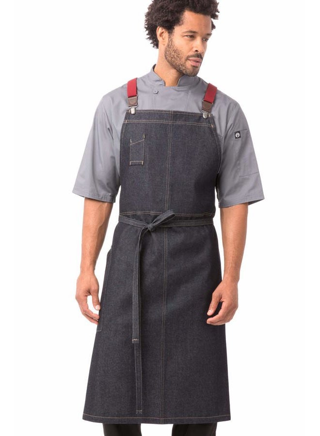 Men's Berkeley Chefs Bib Apron, Indigo Blue W/Wine Suspenders, One size