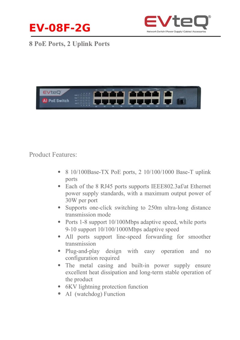 EVTEQ 8 Port PoE + 2 Uplink Port EVTEQ 8CH UPLINK GIGA EV-08F-2G PoE Switch with High Data Transfer, PoE watchdog AI Function - Image 2