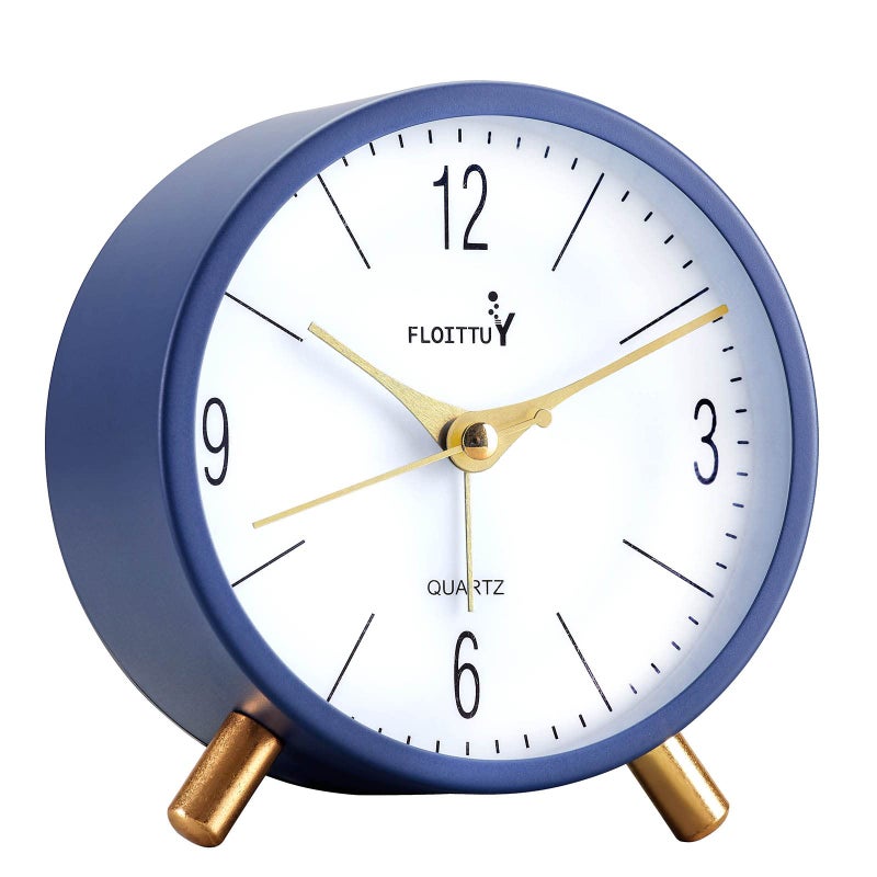 FLOITTUY 4 inches Super Silent Alarm Clock Navy Blue Beep Wake Round Alarm Clock with Night LightBattery OperatedEasy Set Entry Lux Stylefor Desk Bedroom and Home Decoration