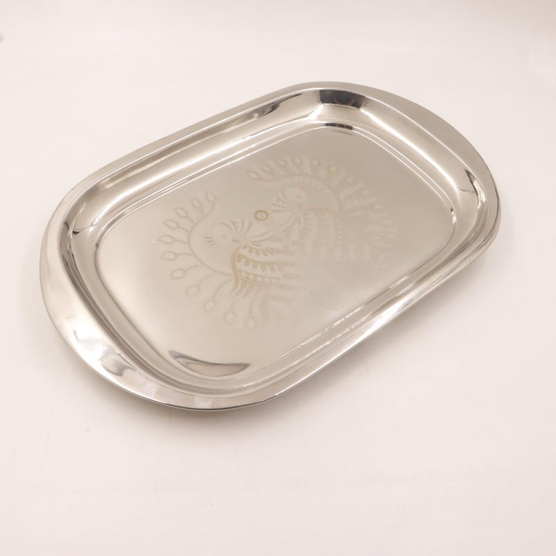 Spillbox Stainless Steel Multipurpose Serving Tray| Poonam Tray|SS Tray|Food Grade Material|Dinnerware |Mirror Finish[Length:36cm Weight:350gm]-Peacock Tray - Image 4