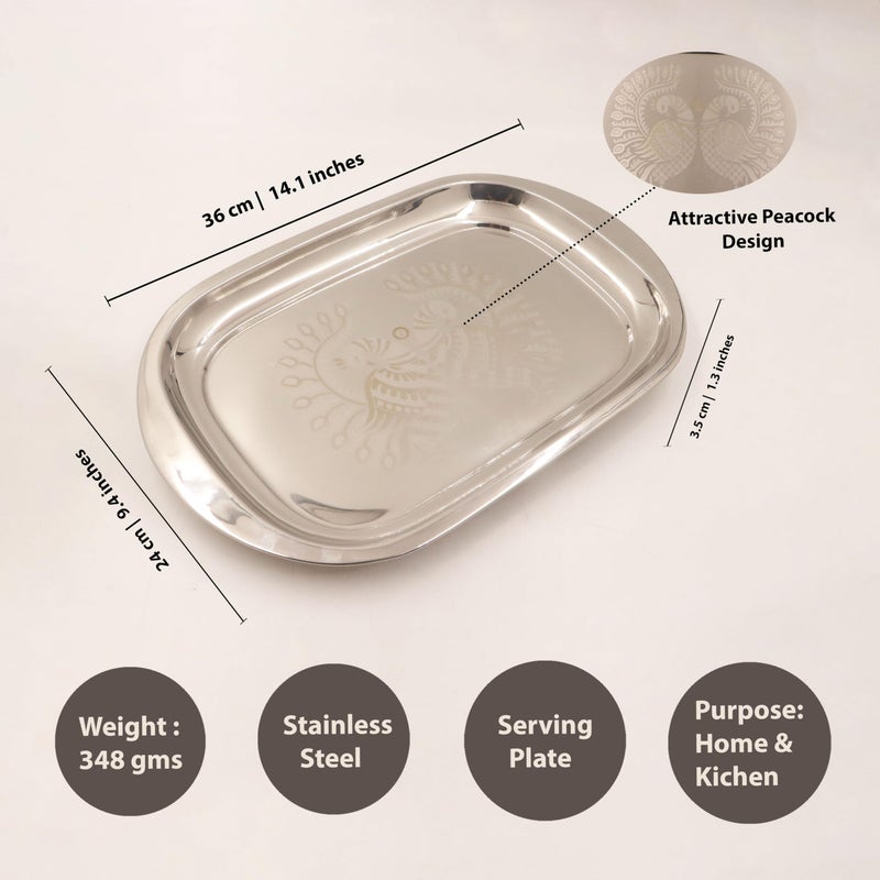Spillbox Stainless Steel Multipurpose Serving Tray| Poonam Tray|SS Tray|Food Grade Material|Dinnerware |Mirror Finish[Length:36cm Weight:350gm]-Peacock Tray - Image 2