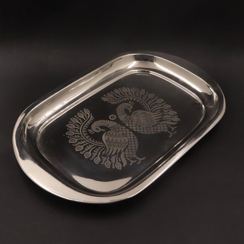 Spillbox Stainless Steel Multipurpose Serving Tray| Poonam Tray|SS Tray|Food Grade Material|Dinnerware |Mirror Finish[Length:36cm Weight:350gm]-Peacock Tray - Image 3