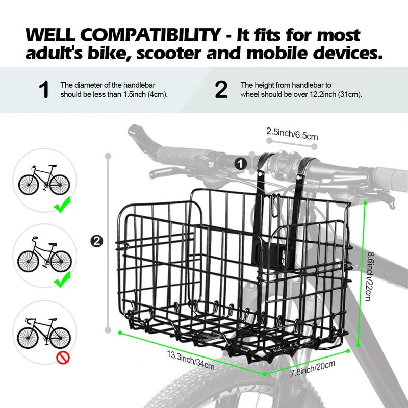Wiel Bike Basket with Black Liner Rainproof Cover, Folding Steel Bicycle Basket Easy Install to Front Handlebar or Rear Rack, Heavy-Duty Metal Wire Bearing 33 lbs for Commuter Grocery Shopping Picnic - Image 2