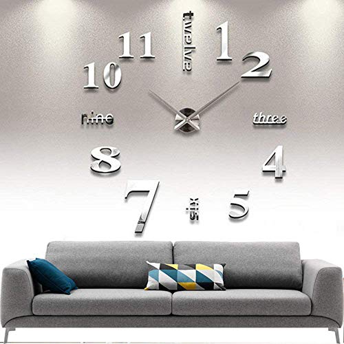 CUGBO DIY Wall Clock Modern Large 3D Frameless Wall Clock Mirror Stickers Decor Home Office Living Room Bedroom Coffee Hall Bar Wall Decoration, Silver - Image 1