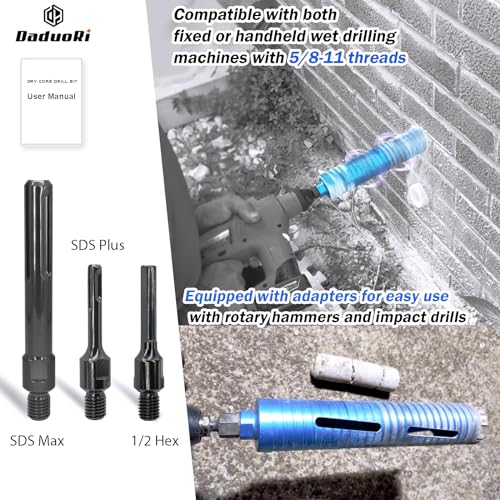 DaduoRi 4 1/4" Dry Core Drill Bit, 5/8"-11 Thread, with 3 Adapters Included: SDS Plus, SDS Max and 1/2" Hex Shank, 9.5" Drilling Depth, 4.25in Core Bits for Concrete, Brick, Block, Stucco and Masonry - Image 3