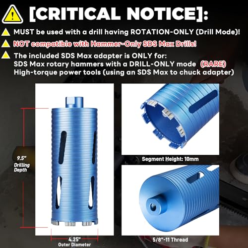 DaduoRi 4 1/4" Dry Core Drill Bit, 5/8"-11 Thread, with 3 Adapters Included: SDS Plus, SDS Max and 1/2" Hex Shank, 9.5" Drilling Depth, 4.25in Core Bits for Concrete, Brick, Block, Stucco and Masonry - Image 2