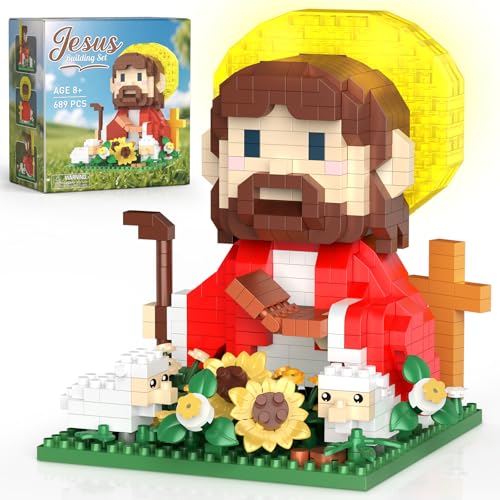 Vziimo Jesus and Flowers Building Set Little Jesus Figurines with Sunflower Sheep LED Halo Christian Toys Gifts for Adults Teens Age 14 689 PCS - Image 1