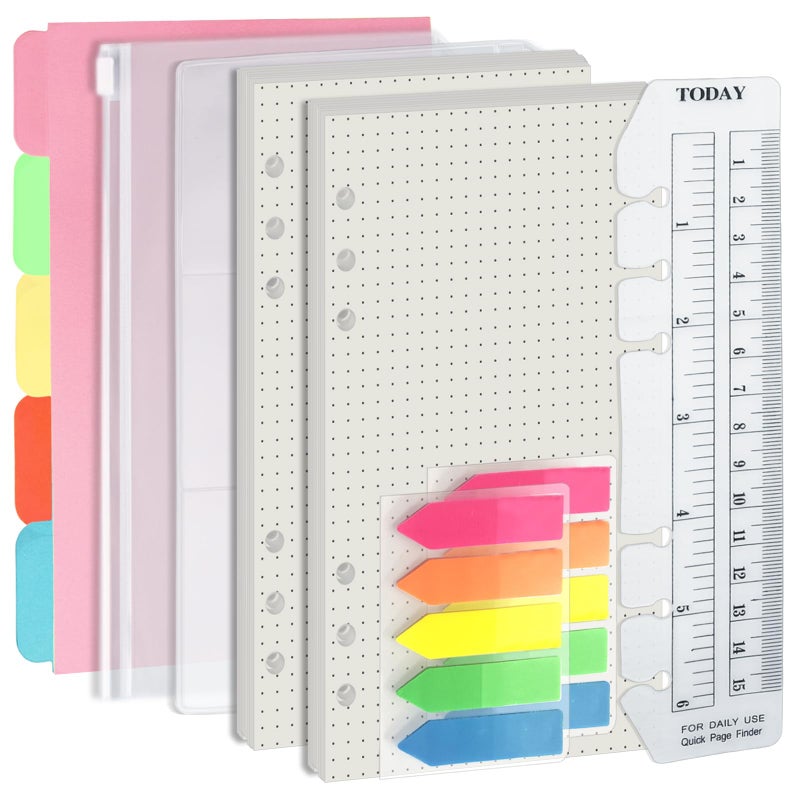Harphia A6 6 Holes Binder Refill Value Set, 90sheets dotted loose leaf paper with stickers and dividers, planner inserts with binder pockets for A6 binder 6 holes refillable notebook,005dA6dot - Image 1