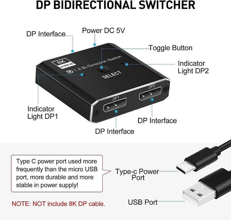 COOLCOLD Displayport Switch, 8K@30Hz Bi-Directional DP 1.4 Switcher, Two-Way DP Switch Selector Box 2x1 or 1x2, 4K@120Hz Manual Display Port Splitter 2 in 1 Out (Black) - Image 5