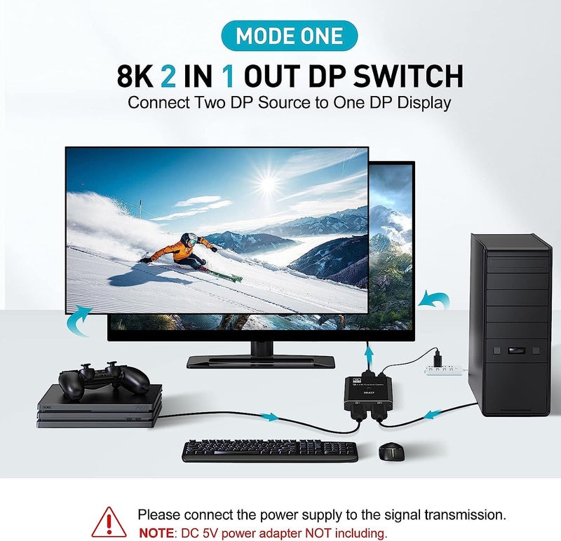 COOLCOLD Displayport Switch, 8K@30Hz Bi-Directional DP 1.4 Switcher, Two-Way DP Switch Selector Box 2x1 or 1x2, 4K@120Hz Manual Display Port Splitter 2 in 1 Out (Black) - Image 2