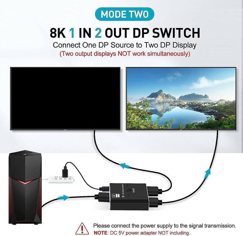 COOLCOLD Displayport Switch, 8K@30Hz Bi-Directional DP 1.4 Switcher, Two-Way DP Switch Selector Box 2x1 or 1x2, 4K@120Hz Manual Display Port Splitter 2 in 1 Out (Black) - Image 3