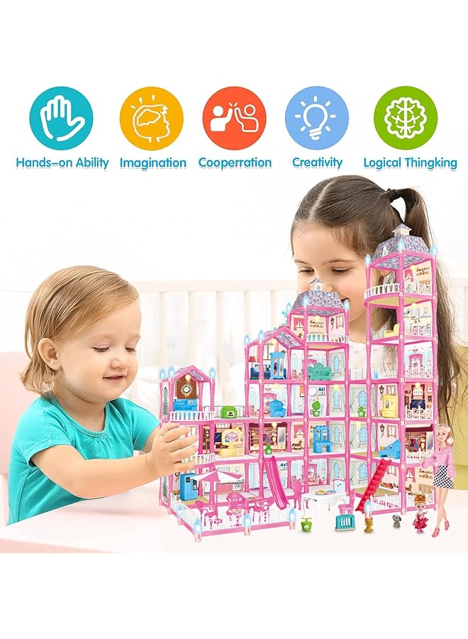 رايتشر بيت الدمية، 6 طوابق، 25 غرفة، بيت الدمية للبنات مع دميتين، أثاث وإكسسوارات، بيت الأحلام، بيوت الدمى، هدايا للبنات، بيت الدمية، بيت اللعب، ألعاب للبنات من عمر 6 إلى 12 عامًا (494 قطعة) - Image 4