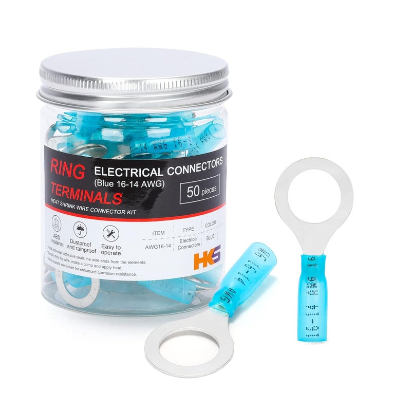 HK-S 50 PCS Ring Terminals 1/2" Blue 16-14 AWG - M12 - Electrical Connectors - Heat Shrink Wire Connector Kit - Tinned Red Copper - Automotive Marine Ring Connectors - Waterproof and Insulated - Image 1