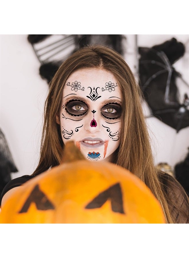 Day of the Dead Face Tattoos - 10 Sheet Halloween Temporary Tattoos Face Sticker Kit Día de Los Muertos Glitter Red Roses Skeleton Sugar Skull Fake Tattoo for Halloween Makeup on Face Body