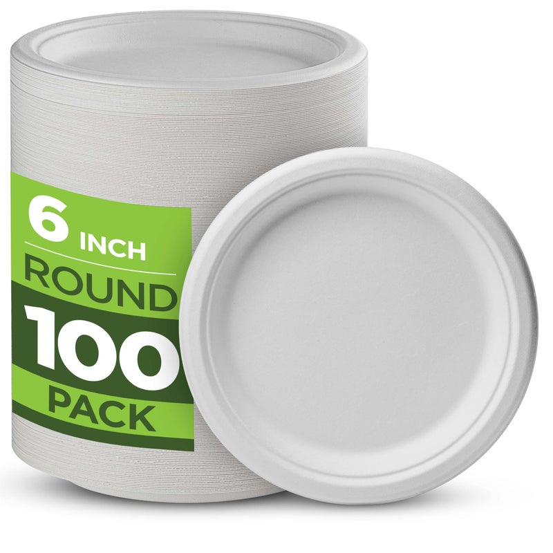 Munfix 100% Compostable Paper Plates 100 Pack  6 Inch Heavy Duty Biodegradable Microwavable Disposable White Dessert Plates  Made of Eco-Friendly  Natural Sugarcane Bagasse - Image 1
