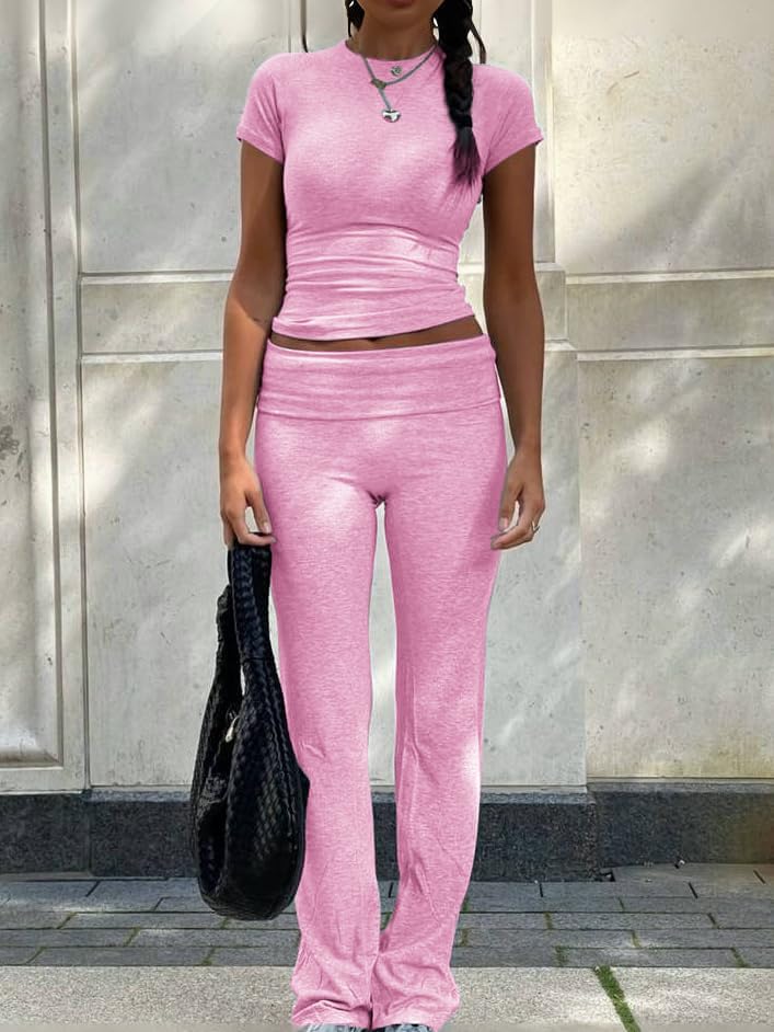 ZFLM Casual Workout Two Piece Outfits for Women Short Sleeve Crop High Waist Foldover Flare Pants Tracksuit Sets Streetwear - Image 2