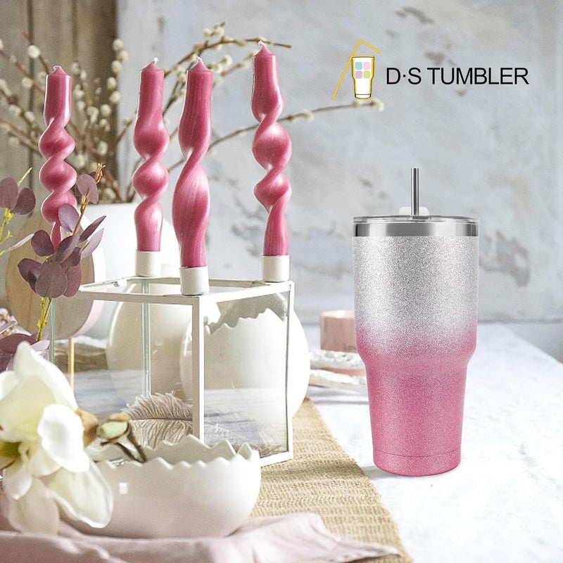 DS 30 oz Tumbler Pink Glitter Gradient Cup Stainless Steel Double Wall Vacuum Insulated Mug with Straw and Lid, Cleaning Brush for Cold and Hot Beverages - Image 5