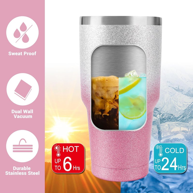 DS 30 oz Tumbler Pink Glitter Gradient Cup Stainless Steel Double Wall Vacuum Insulated Mug with Straw and Lid, Cleaning Brush for Cold and Hot Beverages - Image 3