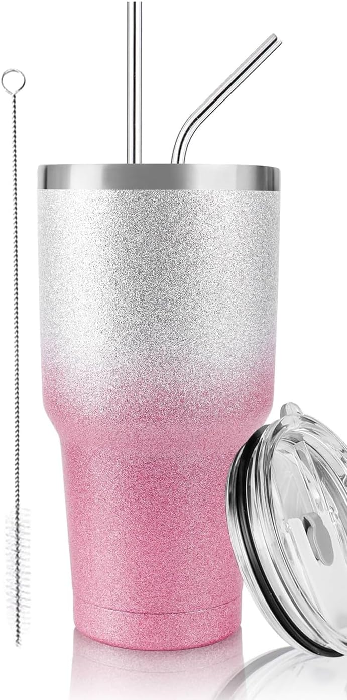 DS 30 oz Tumbler Pink Glitter Gradient Cup Stainless Steel Double Wall Vacuum Insulated Mug with Straw and Lid, Cleaning Brush for Cold and Hot Beverages - Image 1